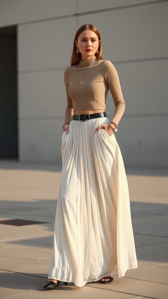 A woman wearing a neutral turtleneck and a maxi skirt, standing outdoors with a stylish handbag.