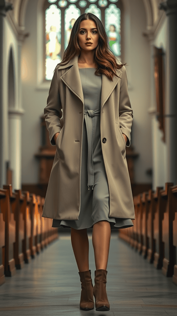 A woman in a beige coat and matching dress, standing inside a church with Christmas decorations.