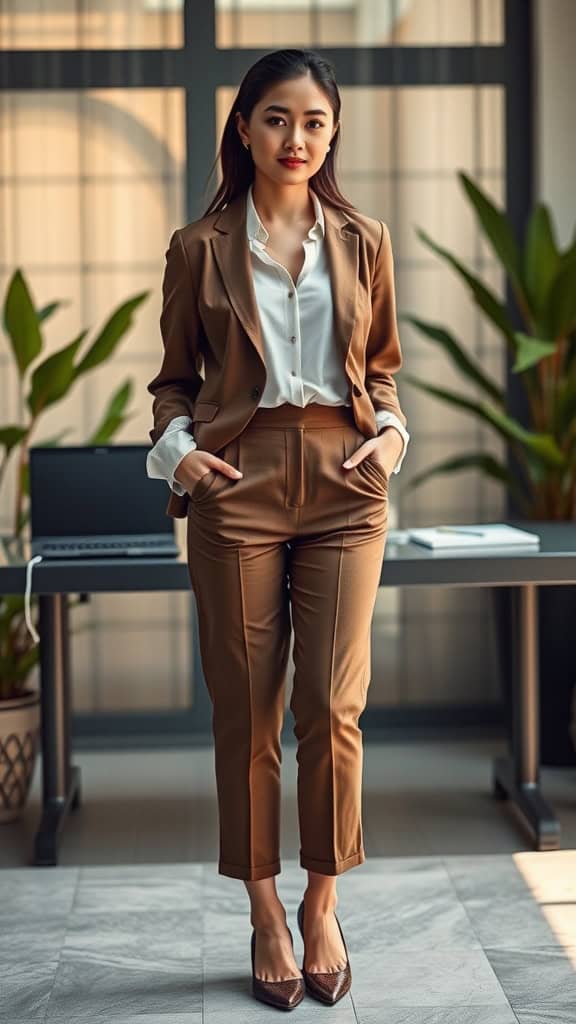 A professional woman wearing a brown suit with cropped trousers and a blouse, standing confidently in an office setting.