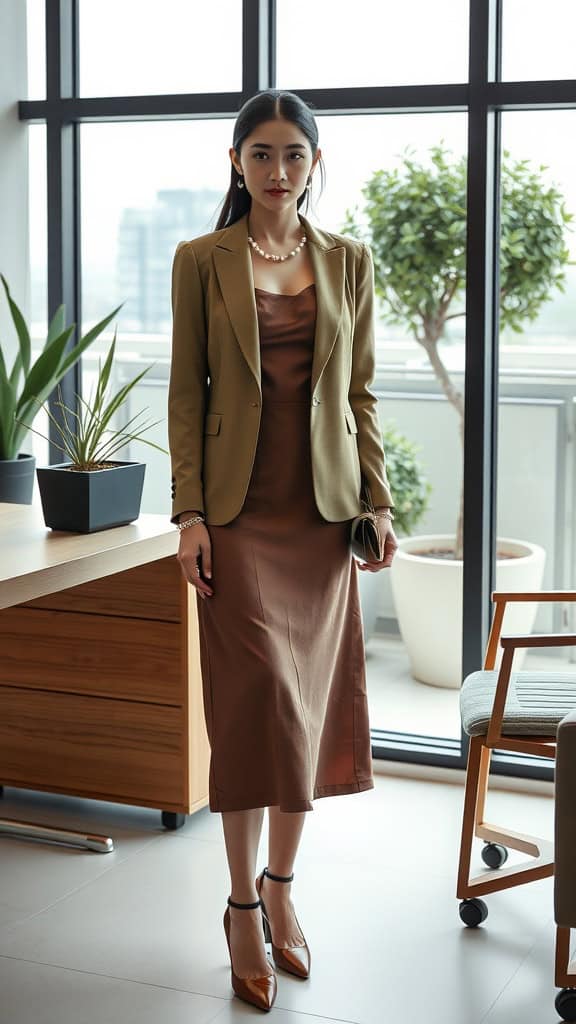 A woman in a brown midi dress and olive green blazer standing in an office setting.