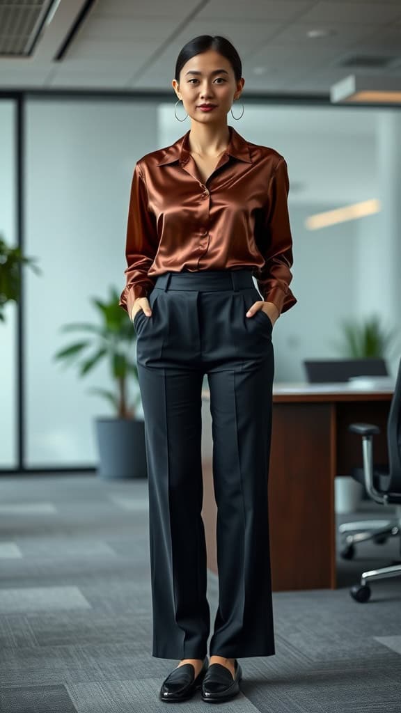 A stylish woman wearing high-waisted trousers and a silk blouse, walking confidently in an office setting.