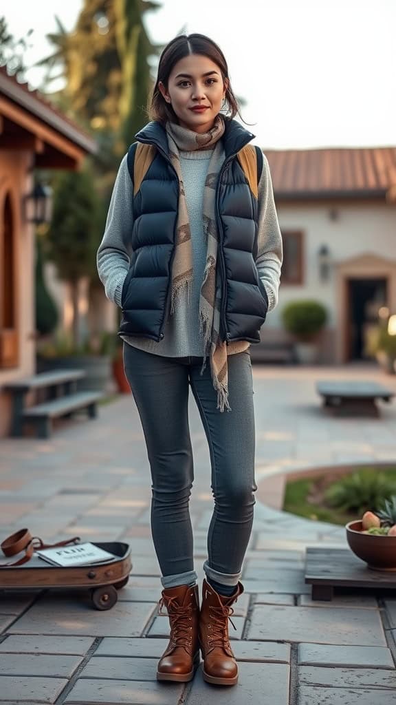 A woman wearing a puffer vest, thermal top, and hiking boots, standing in an outdoor setting.