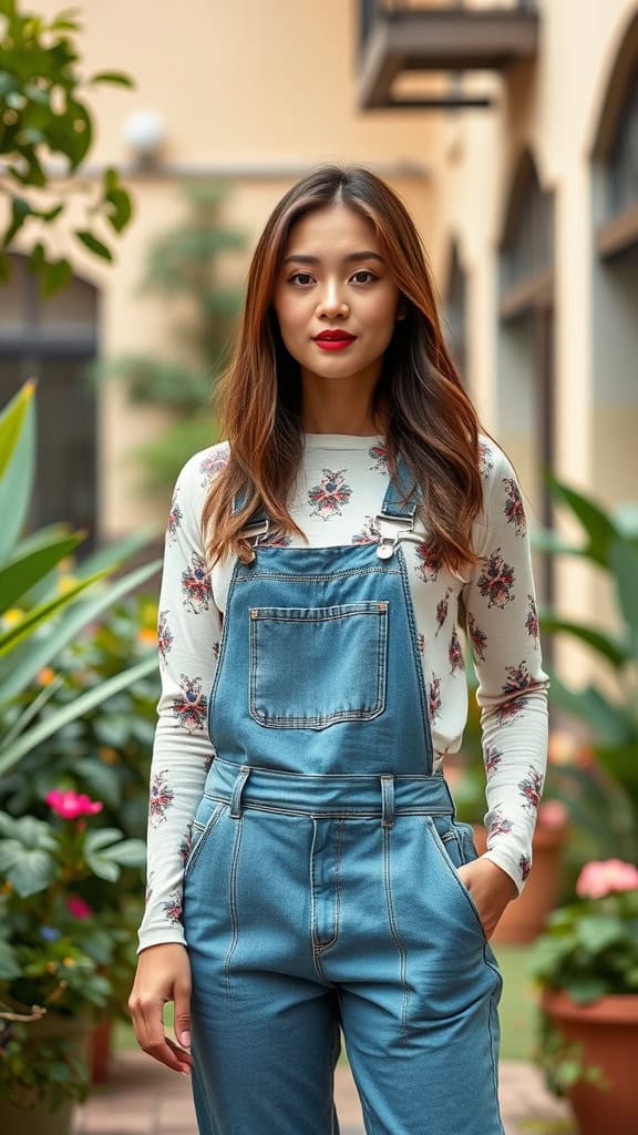 A woman wearing denim overalls with a floral long-sleeve tee, standing in a lush garden