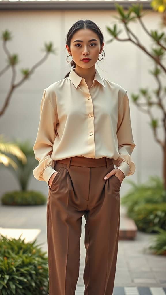 A woman wearing an oversized blouse tucked into tailored pants, standing outdoors with greenery in the background.