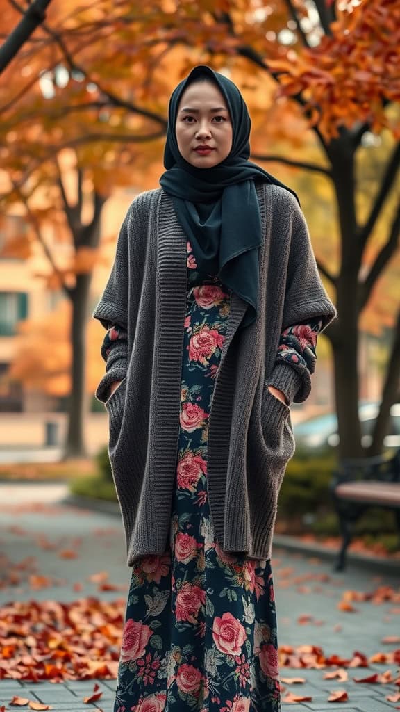 A model wearing an oversized cardigan over a floral dress surrounded by fall foliage.