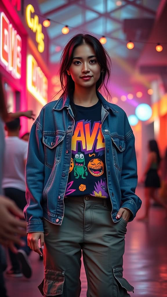 A woman wearing an oversized denim jacket and rave-style cargo pants in a colorful setting.