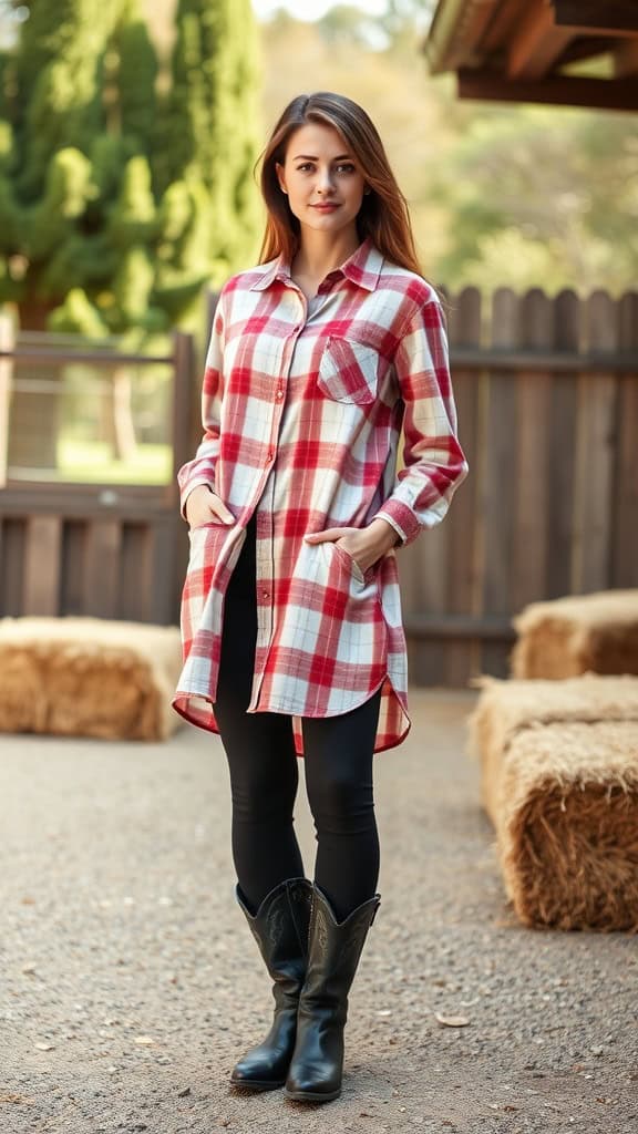 A model wearing an oversized plaid shirt with leggings and cowboy boots, set in a rustic outdoor setting.