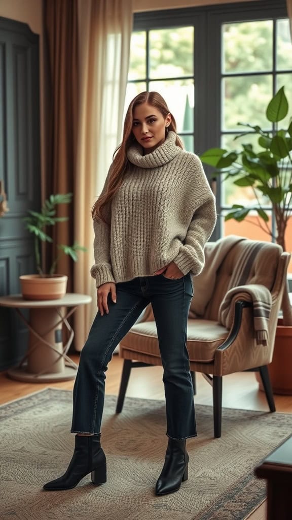 A woman wearing an oversized sweater and straight-leg jeans in a cozy indoor setting