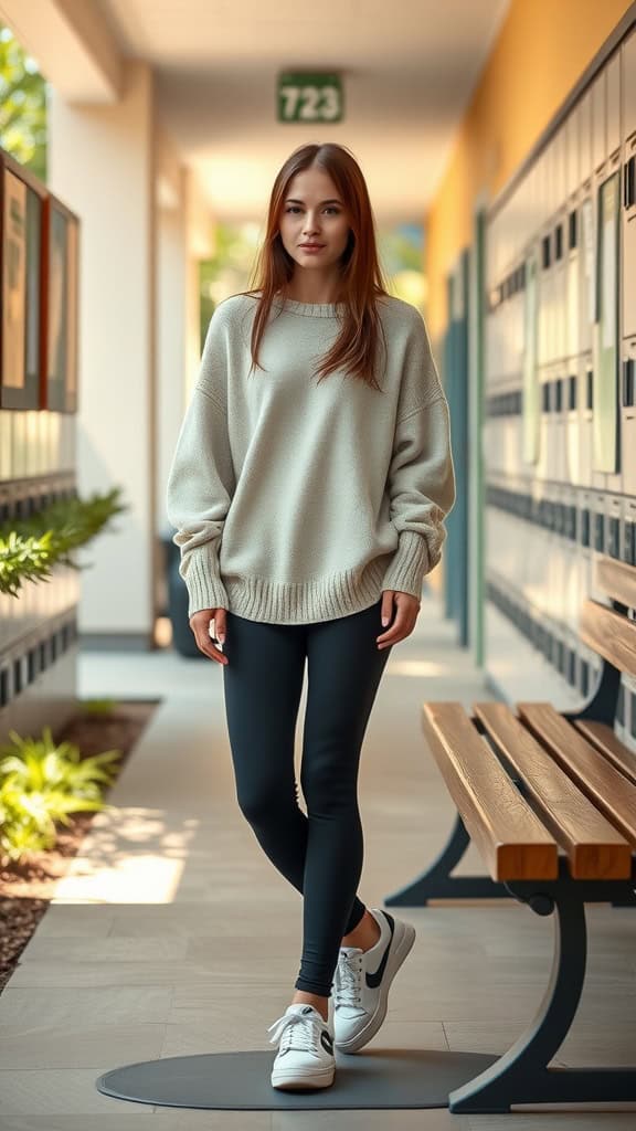 A young woman standing in a school corridor wearing an oversized knit sweater, black leggings, and sneakers.