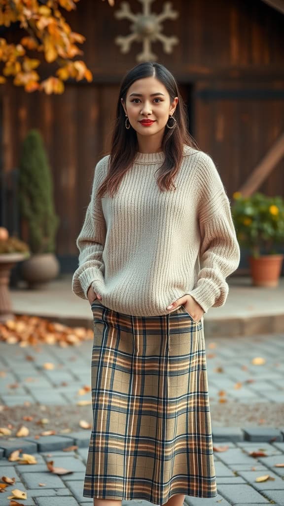 A woman wearing an oversized sweater and plaid midi skirt, showcasing a cozy and stylish country outfit.