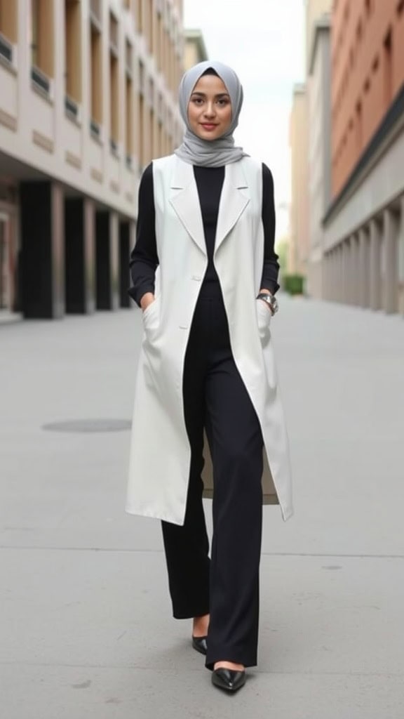 Woman wearing a white longline vest over a black modest jumpsuit in a garden setting.