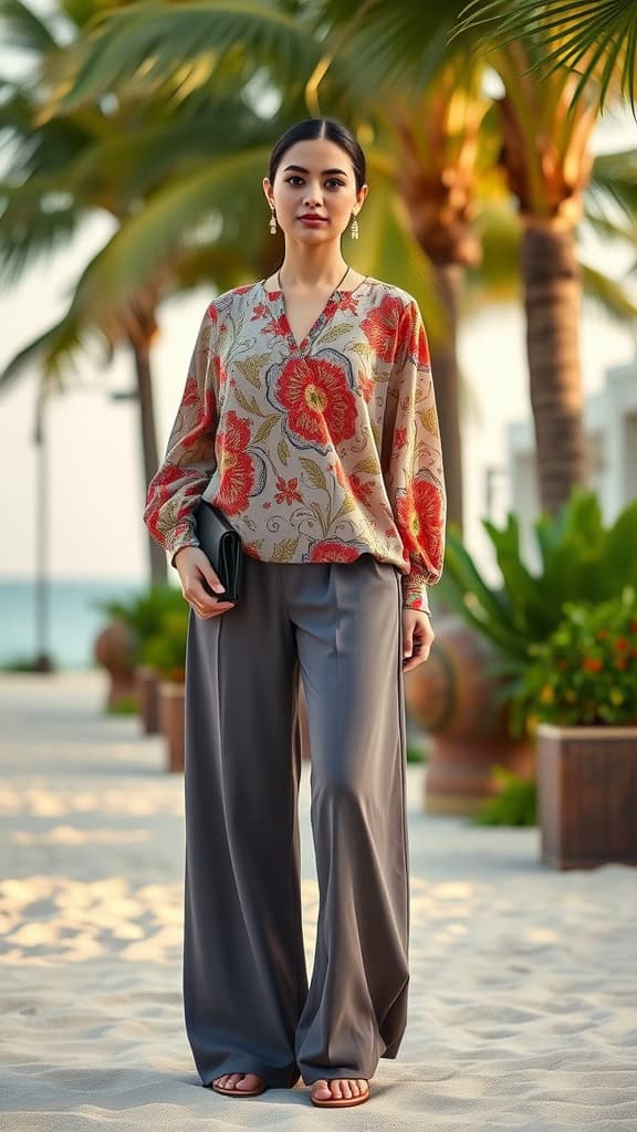 A woman wearing palazzo pants and a floral tunic, standing in a tropical setting.