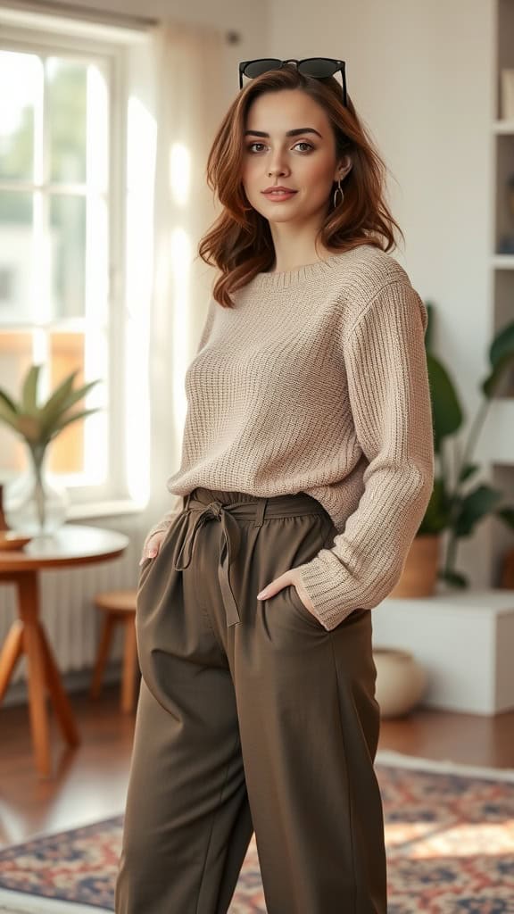 A model wearing paperbag pants and a casual knit top, standing by a window with a stylish bag.