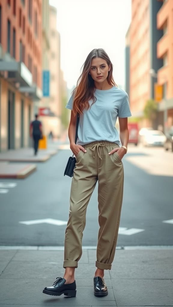 A fashionable woman wearing paperbag waist pants and a simple tee, showcasing a modest yet trendy outfit.