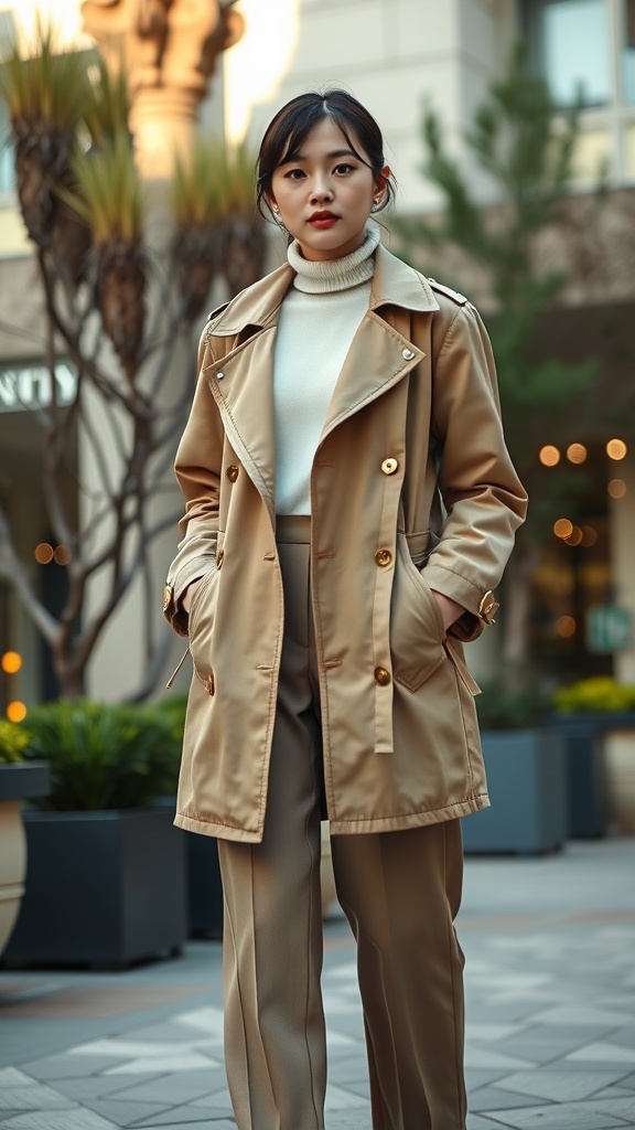 A woman wearing a beige parka jacket and straight-leg trousers, posing confidently outdoors.