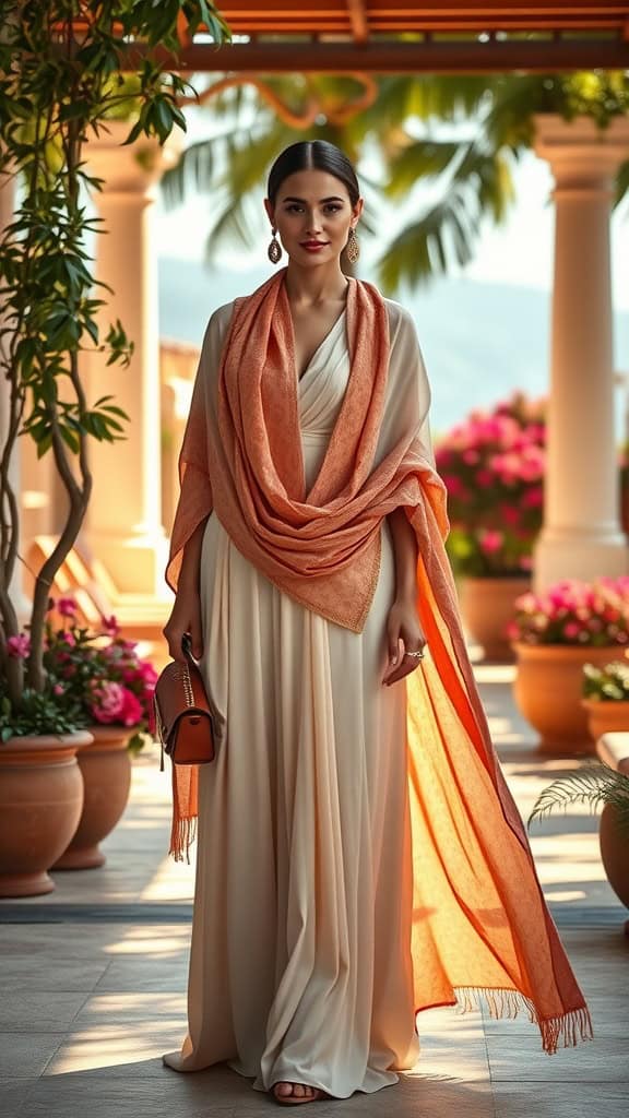 A woman in a long dress with a pashmina shawl, standing in a beautifully decorated area with plants and flowers.