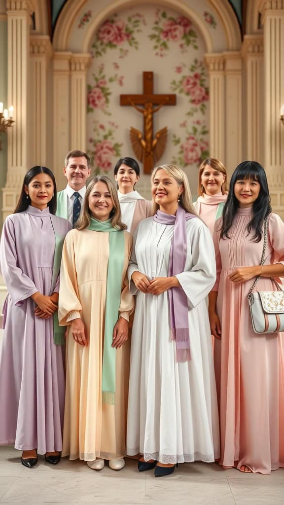 A choir group dressed in pastel dresses, standing in a church setting.