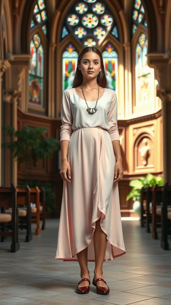 Teen girl wearing a pastel dress with a statement necklace inside a church, surrounded by stained glass windows.