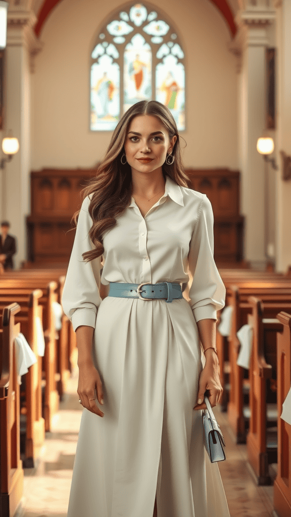 Pastel midi skirt outfit on a mannequin in a church interior