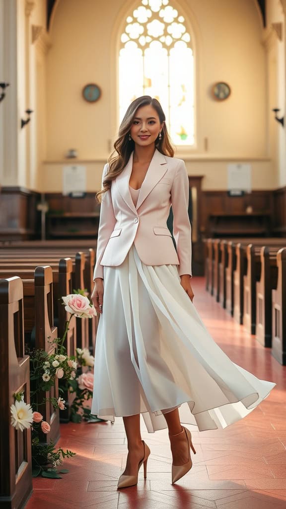 A woman in a pastel blazer and white skirt, standing confidently in a church setting