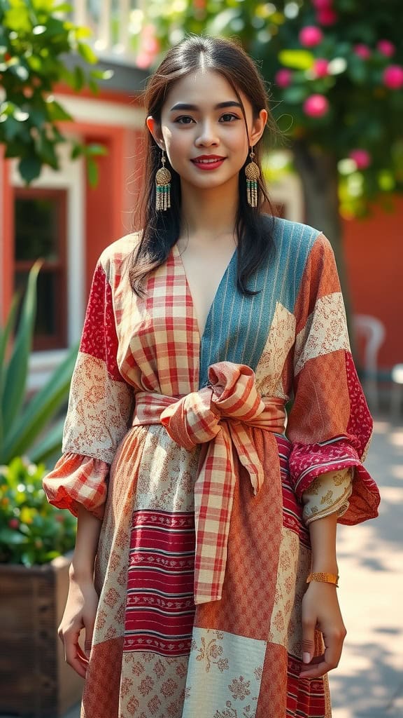 A woman wearing a colorful patchwork dress with a belted waist, standing outdoors with greenery in the background.