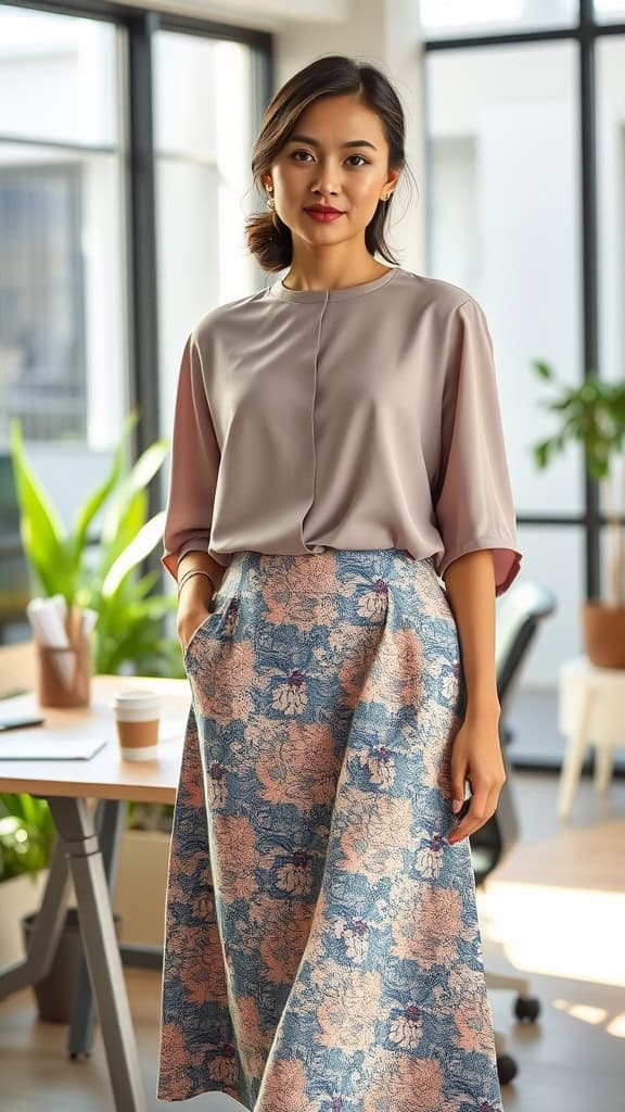 A woman in an office setting wearing a patterned midi skirt and a solid blouse, looking elegant and professional.