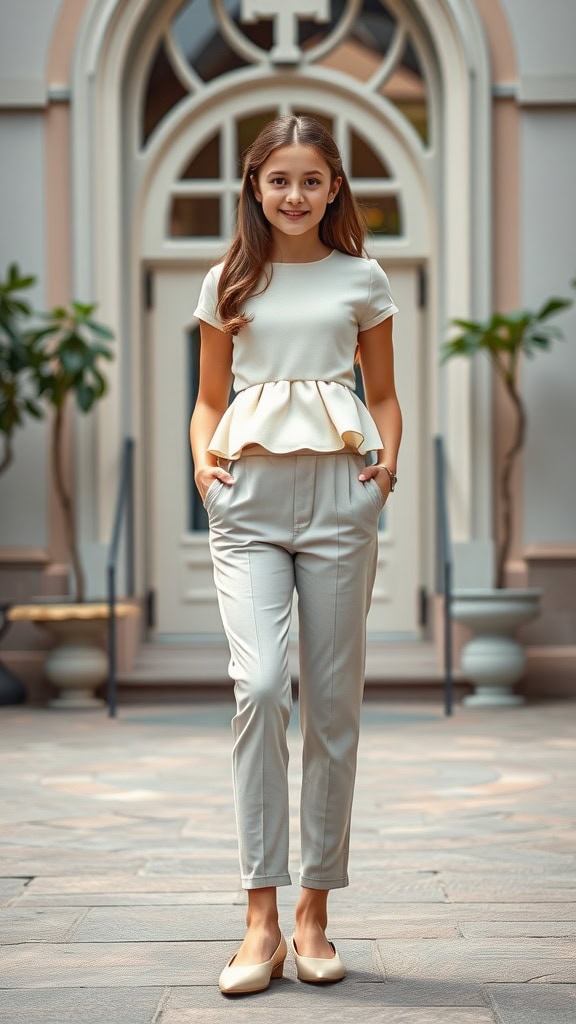 A young girl wearing a cream peplum top and light gray slim pants, standing outside a building with a welcoming smile.