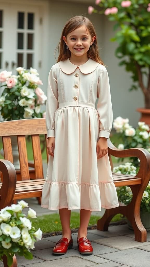 A young girl wearing a light-colored Peter Pan collar dress with buttons and red leather loafers, smiling in a garden setting.