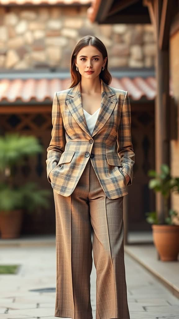 A woman in a plaid blazer and cropped wide-leg pants, standing in a rustic outdoor setting.