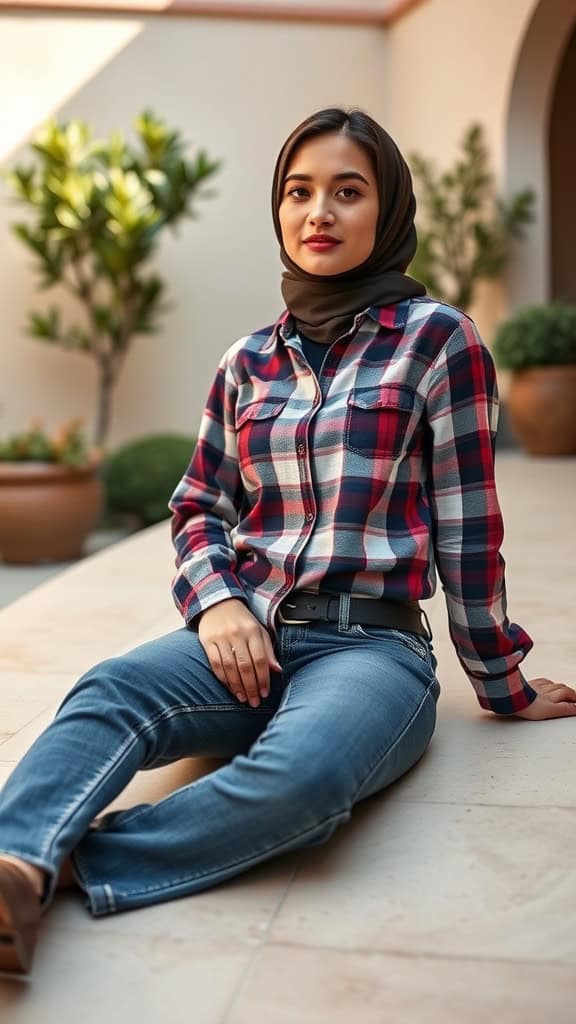 A woman wearing a plaid button-up shirt and blue jeans, sitting casually.