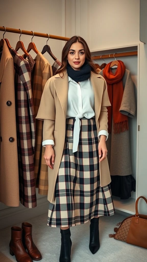 A woman wearing a plaid midi skirt and a button-up shirt, styled with a coat and scarf.