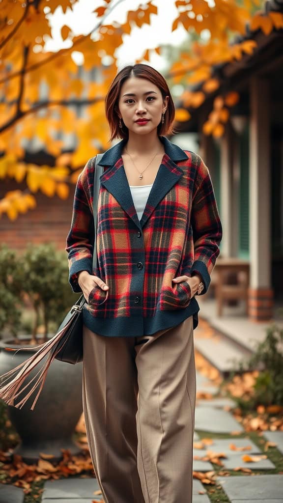 A woman wearing a plaid shacket with wide-leg pants, surrounded by autumn leaves.