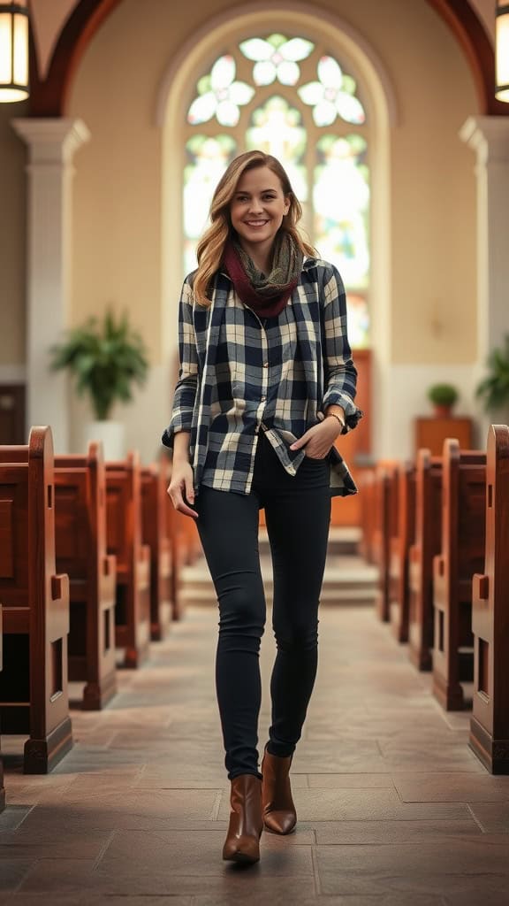 A woman wearing a plaid shirt and black jeans standing confidently in a church setting.