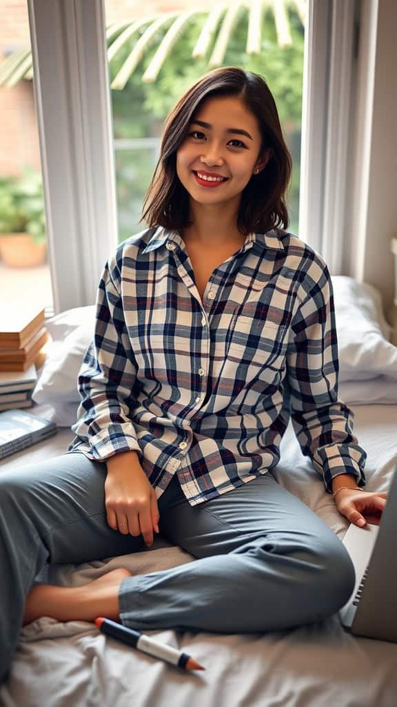 A young woman sitting on a bed, wearing a plaid shirt and slim-fit pants, smiling at the camera.