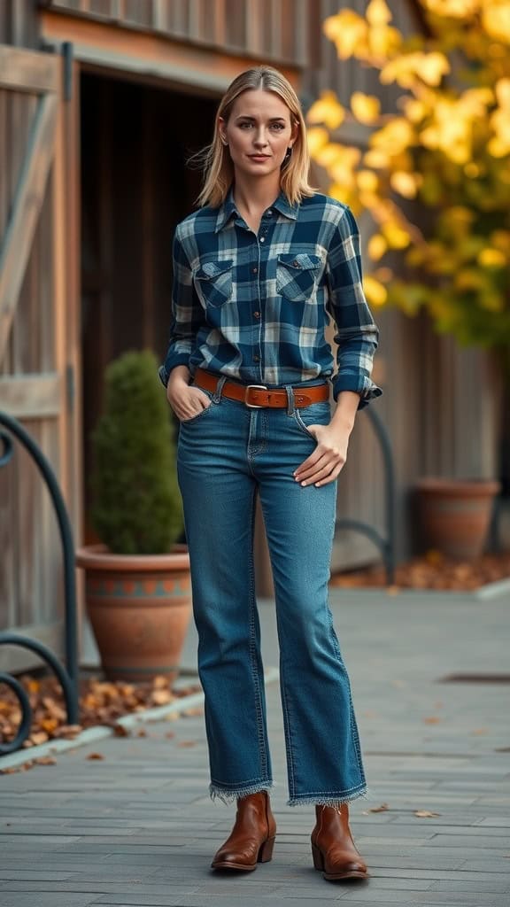 A woman wearing a plaid shirt and wide-leg jeans, paired with brown boots, standing outdoors.