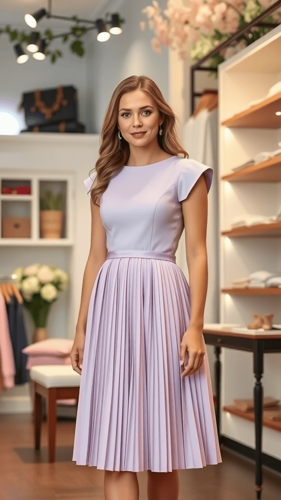 Knee-length pleated church dress on a mannequin with cap sleeves.