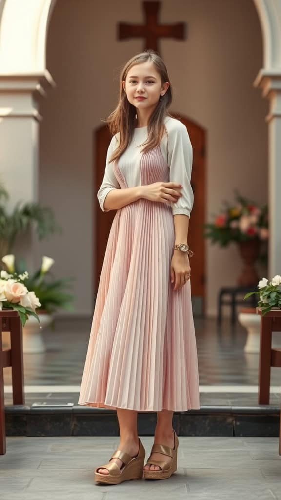 A young woman in a pleated pink dress and wedge sandals standing in a church setting.