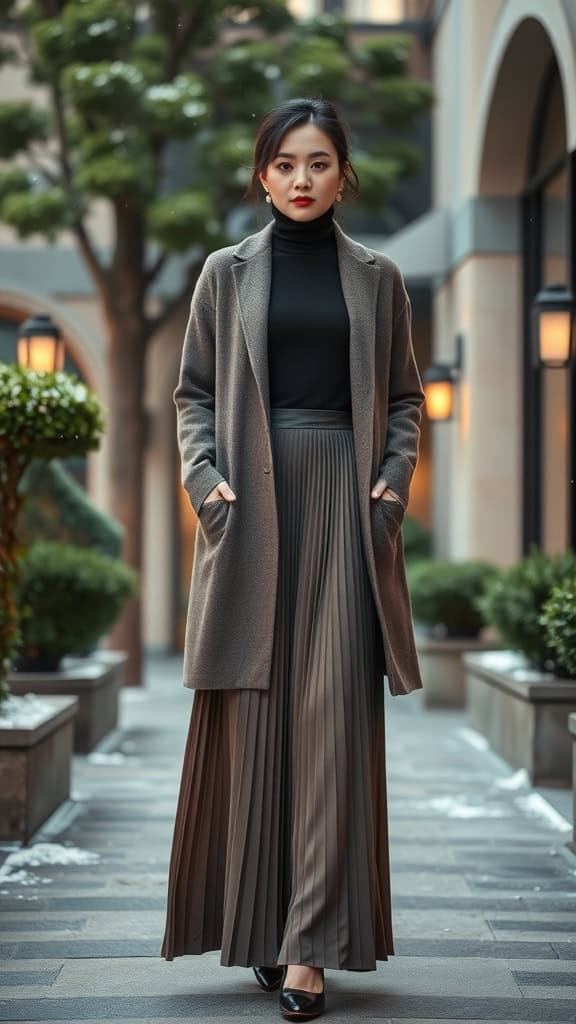 A woman wearing a pleated maxi skirt and a long cardigan, styled for winter.