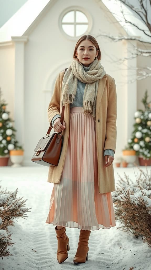 A woman in a soft pleated midi skirt and cozy knit top, wearing a coat and scarf, standing in a snowy outdoor setting with holiday decorations.