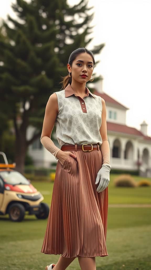 A woman wearing a pleated midi skirt and a sleeveless polo on a golf course.