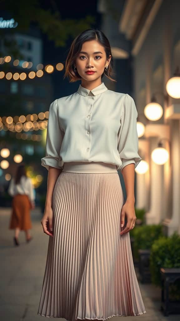 A woman in a pleated midi skirt and a sleek blouse, standing outdoors with warm lights in the background.