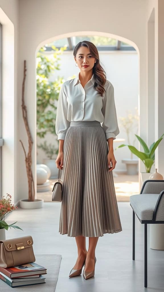 A woman wearing a pleated midi skirt and a blouse, standing in a bright room with plants.