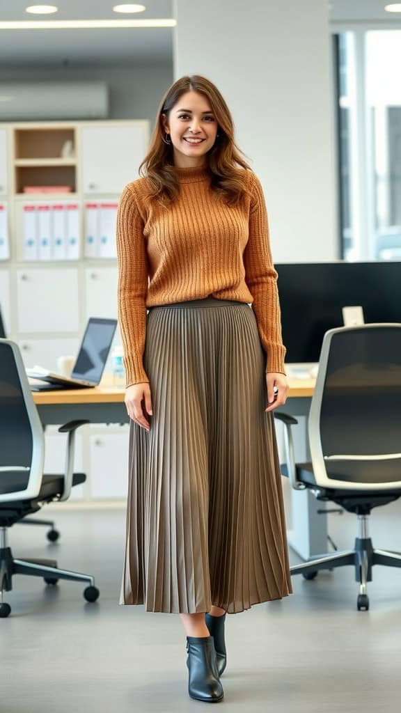 A woman wearing a pleated midi skirt and fitted sweater in a corporate setting.