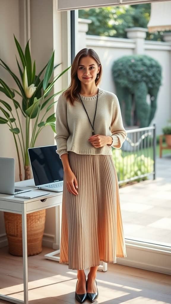 Woman wearing a pleated midi skirt and a light sweater, standing in an office setting.