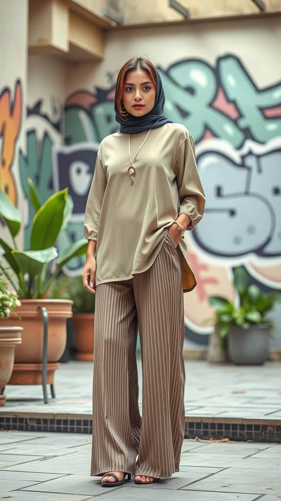 A woman wearing pleated palazzo pants and a dressy tunic, standing in a chic urban setting with greenery and colorful graffiti in the background.