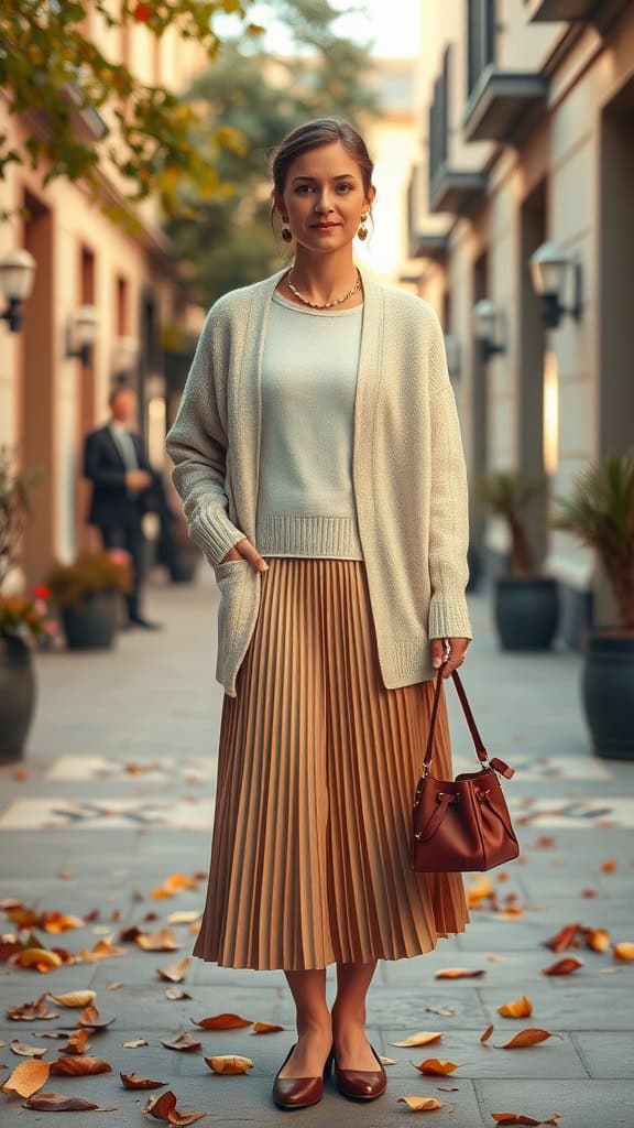 A woman in a pleated skirt and cozy cardigan, standing in a stylish street.