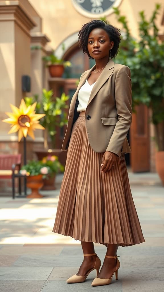 A woman wearing a pleated skirt and a blazer, showcasing a polished church outfit.