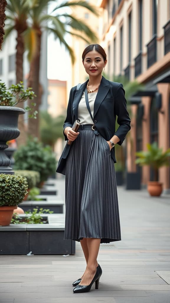 A woman wearing a pleated skirt and blazer in an outdoor setting with palm trees.