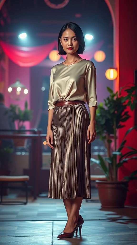 A woman wearing a metallic pleated skirt and tucked-in top with kitten heels, posed in an elegant club setting.