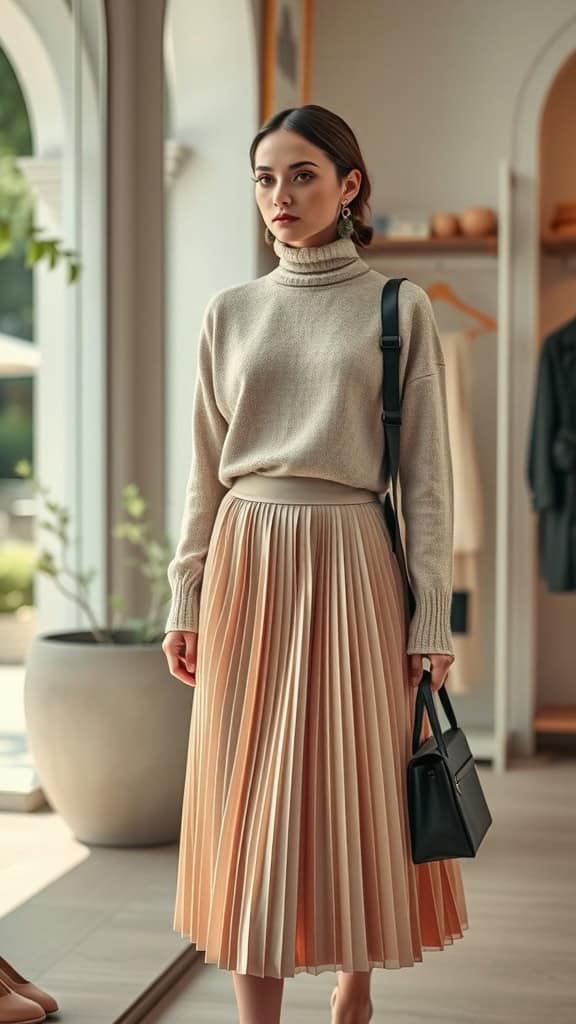 A woman wearing a pleated skirt and a turtleneck sweater, standing elegantly in a stylish setting.